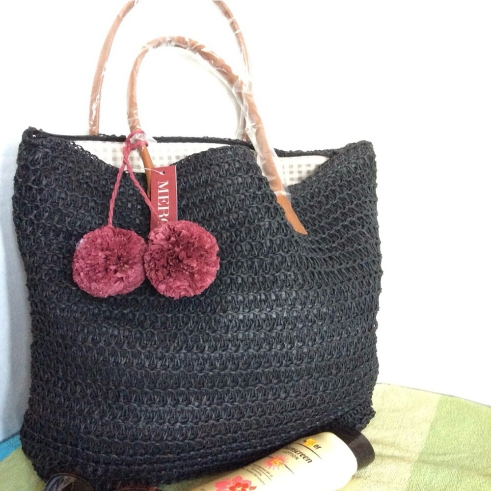 Black Woven Tote Bag with Pom Poms